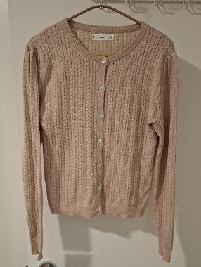 Mango Beige/Neutral Cotton Cable Knit/Pointelle Crewneck Cardigan (Size S)